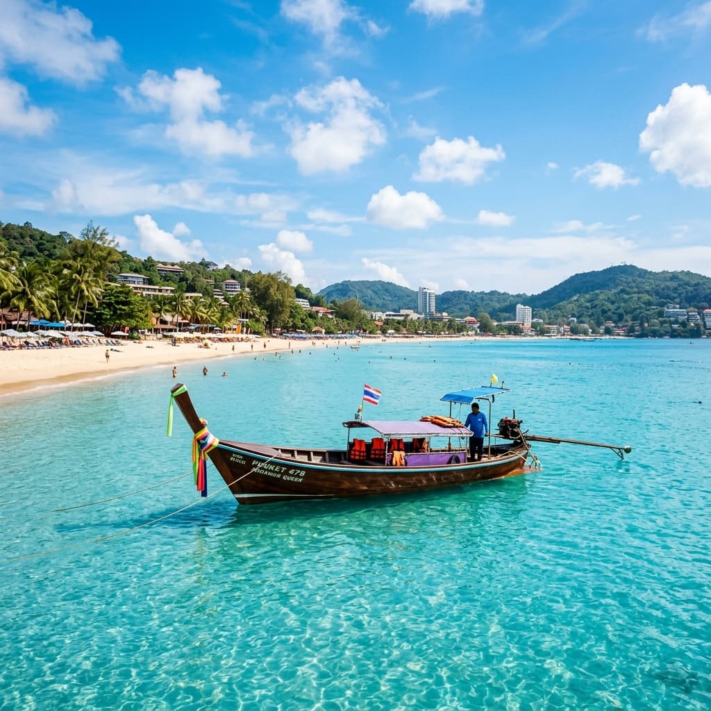 Phuket Beach with Longtail boat and crystal water